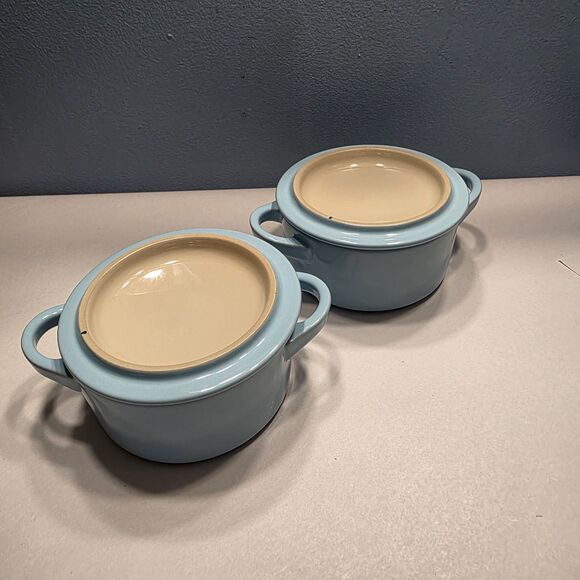 Pair Le Creuset 2 Pc Set Mini Round Cocotte Sky Blue Stoneware Pots with Lids - Picture 5 of 11
